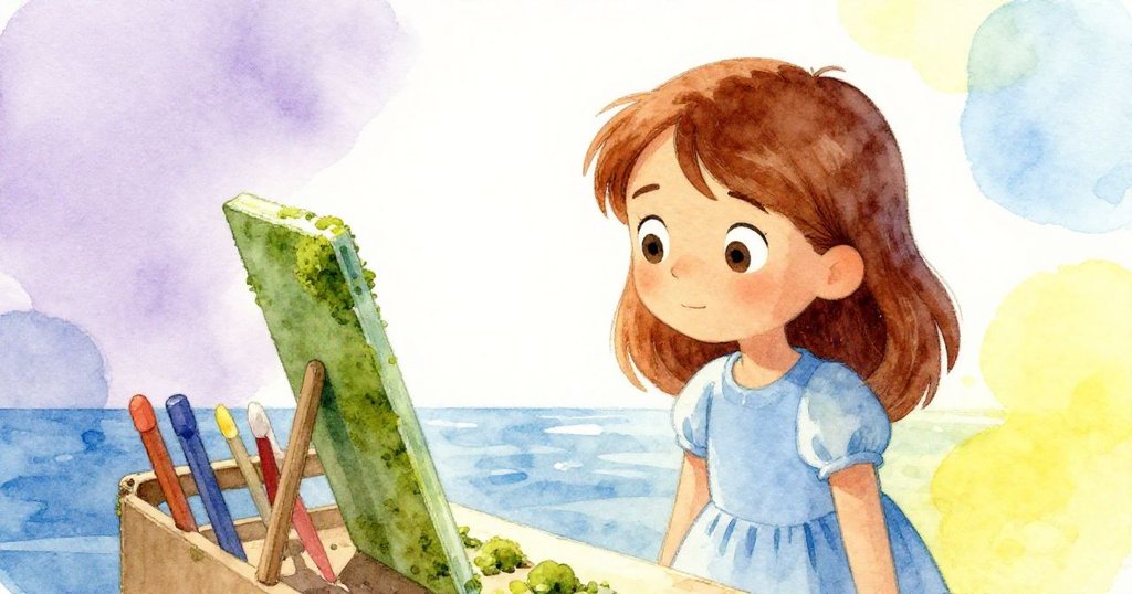 六月凝視著呈苔蘚綠的試紙及整齊排列的染色攪拌棒，室內光線柔和，情緒平靜滿足，寓意創作旅程告一段落。