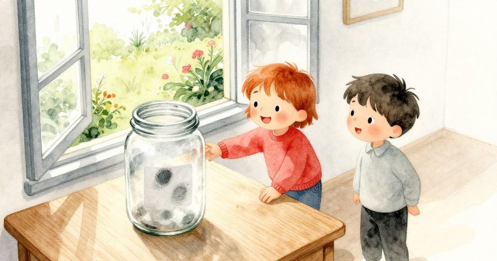 喬伊輕觸玻璃罐，嘉瑞走向桌邊，遠處花園綠意盎然，神情充滿好奇，故事開端場景溫暖明亮。