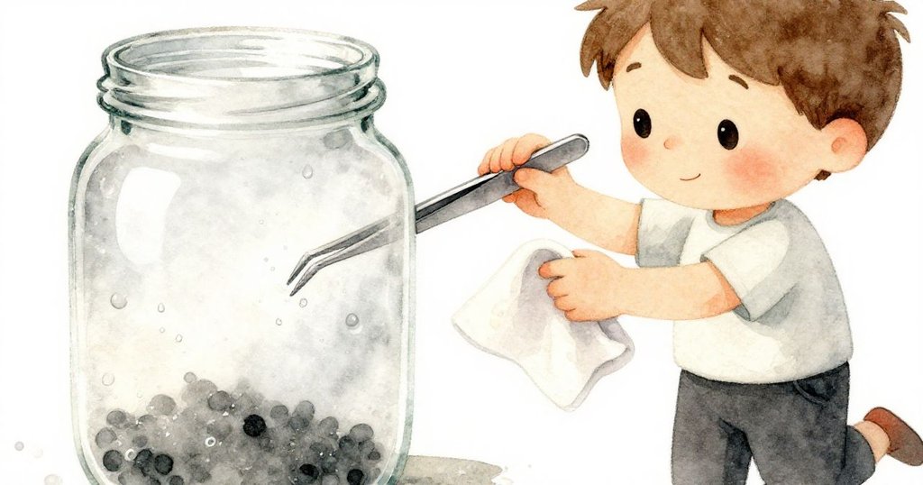 嘉瑞專注用鑷子和布細心擦拭霧氣玻璃，溫柔室內光線下流露出探索精神，細節生動。