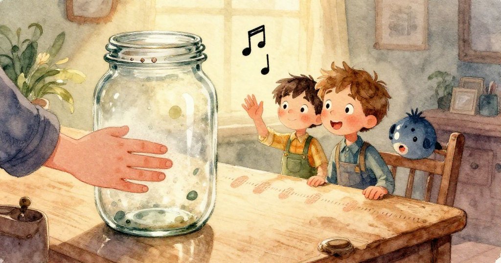 嘉瑞發現玻璃上小蝸牛緩緩爬行，留下排列整齊的神秘水珠痕跡，視角扭曲呈現奇異魔幻魅力。