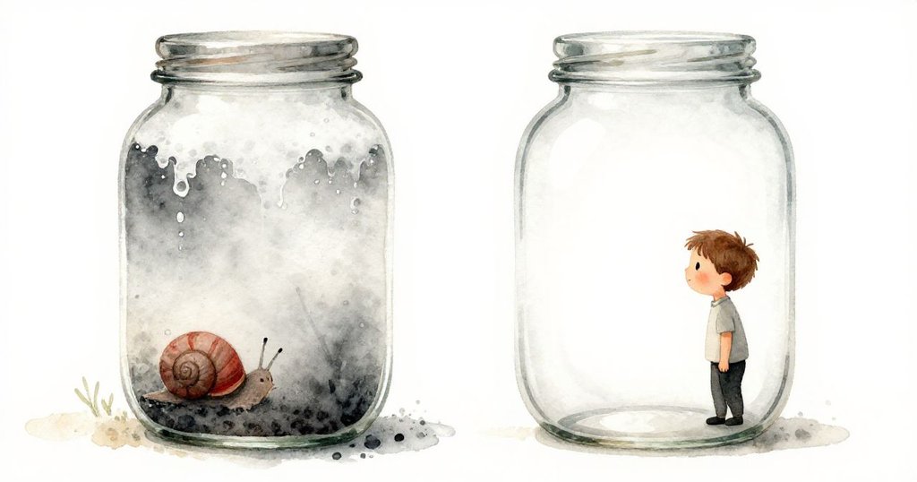 嘉瑞分辨現實與記憶，一側玻璃上迷霧彌漫蝸牛跡，另一側展現清晰圈印，內心糾結卻又充滿希望。