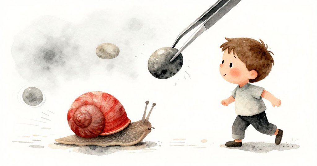 嘉瑞迅速挪動小卵石與蝸牛留下動態軌跡，霧氣玻璃中流露緊張轉折情緒，動感十足令人期待未來變化。