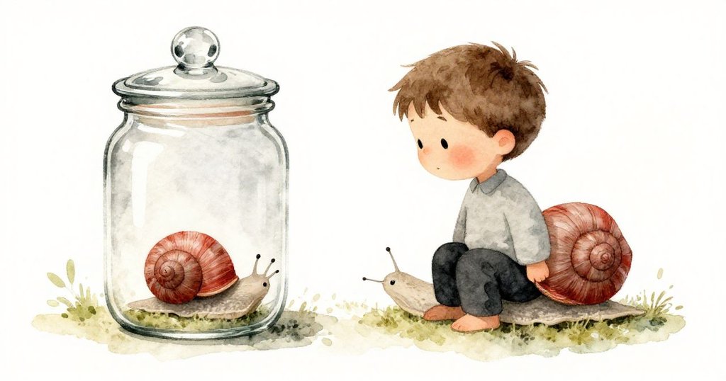 嘉瑞滿懷寧靜將玻璃罐蓋上，蝸牛安靜停於苔蘚上，柔和光線下故事迎來平和結局，意味深長。