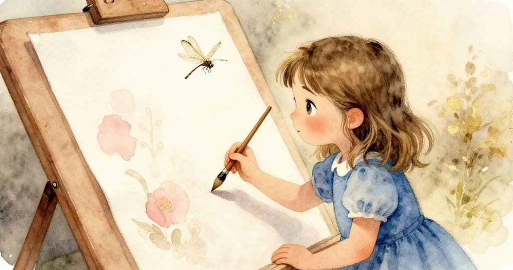 伊爾莎在溫暖光影中揮動畫筆,蜻蜓在濕紙上翩然飛舞,展現故事開始的奇妙情景。