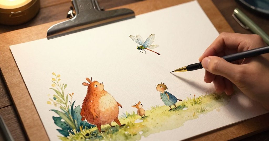 伊爾莎畫紙上,蜻蜓近拍細節清晰,水珠點綴濕潤顏料,呈現藝術創作中的細膩瞬間。