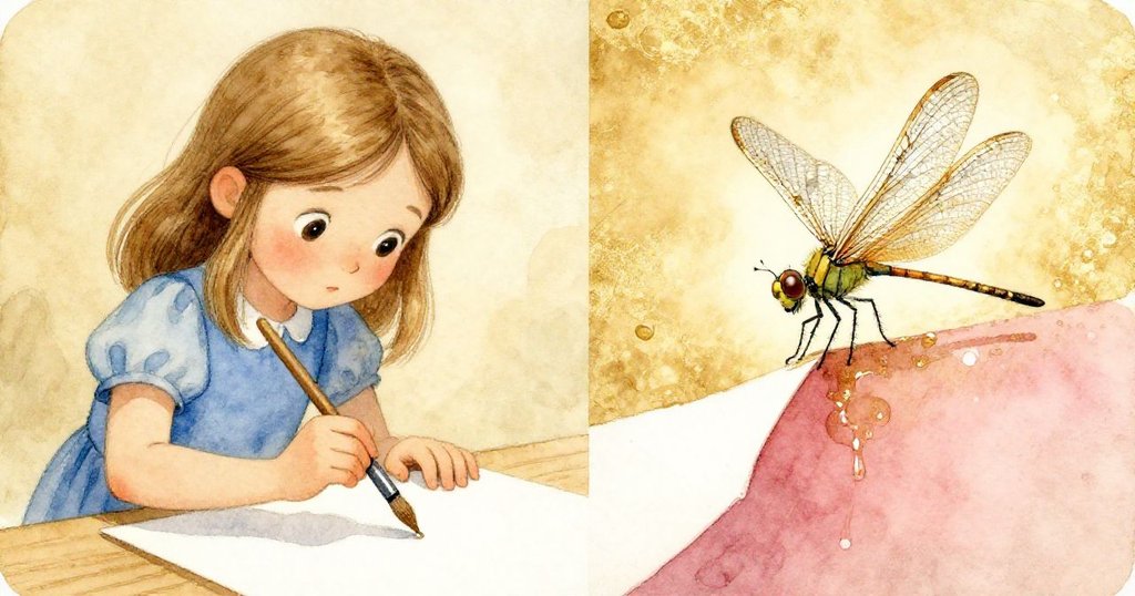 伊爾莎動作俐落調色,一側滴水相融,另一側蜻蜓靜候藝術奇緣,展現創作動態。