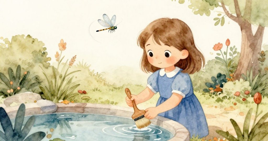 伊爾莎在庭院池塘邊清洗畫筆,秋日景致中蜻蜓悠遊空中,畫面溫馨而生動。