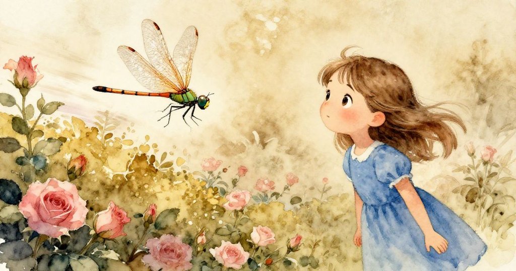 伊爾莎關切目光追隨迅速飛逝過樹籬的蜻蜓,動感畫面展現追逐與驚奇情緒。