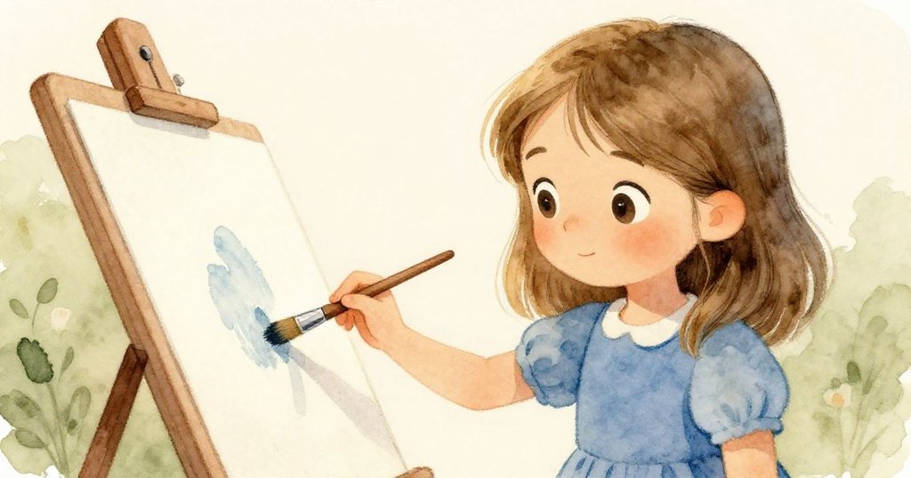 伊爾莎面帶喜悅近拍,輕拂新色於畫板上,筆觸優雅展現藝術完結時的沉靜與滿足。