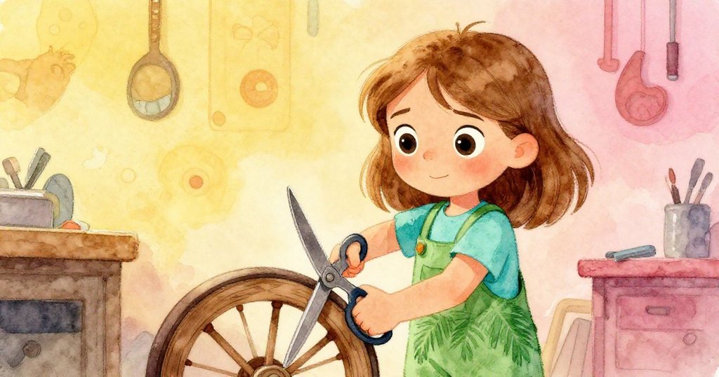 從低角度望向Oona，她用圓頭剪刀專注修整車輪邊緣，眼神堅定，背景中工具零散，呈現創造力與決心。