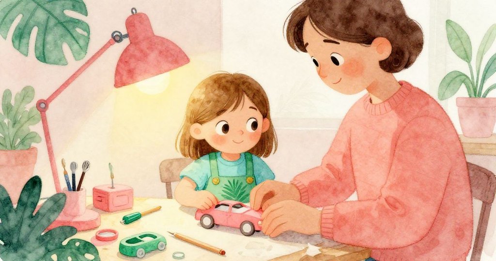 隨時間推移，工作坊燈光由明轉柔，Oona與家長攜手處理零件與膠水，呈現溫暖合作與光影轉換中持續努力的情景。