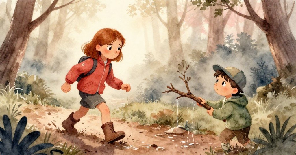 露比在晨霧中踏上泥濘小徑,枝頭歌鳥鳴唱,贊德輕敲濕枝,臉上充滿期待與決心,森林背景溫暖柔和。