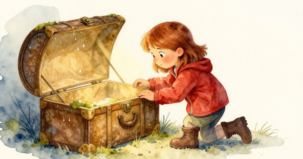 露比彎腰仔細觀察覆滿青苔的倒木,雨珠閃爍在樹皮上,展示出古老的樹林故事與專注的神情。