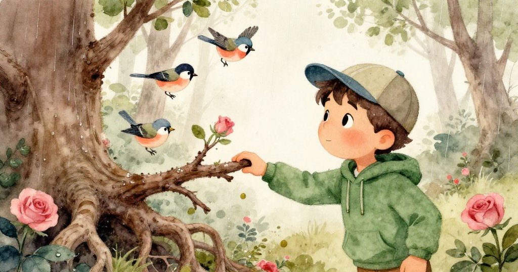 贊德靠在粗大樹根旁,輕敲著濕潤的樹枝,鳥鳴於樹梢中迴響,臉上流露出輕鬆愉悅的笑容。