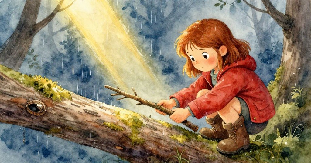 露比蹲伏在濕潤的木頭上,神情專注地運用手中的樹枝排水,陽光透過樹冠灑下金色光芒,層次分明。