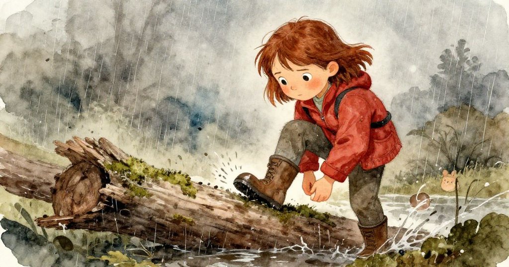 露比深吸一口氣,果斷地以腳跟壓住滑溜的木頭凹槽,雨水落下,映出堅毅與挑戰的瞬間。