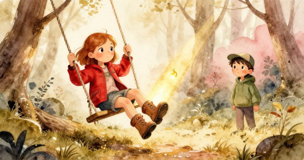 露比跨越木頭時,一顆閃爍的水珠在金光中定格,贊德微笑注目,樹林中洋溢著安靜而勝利的氛圍。