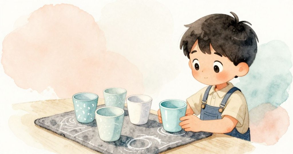 但丁在工作桌前仔細端詳淡藍杯，背景呈現柔和桃色與霧藍色，小杯子整齊排列，充滿好奇神情。