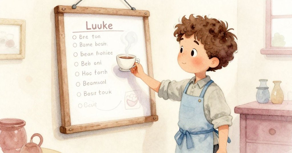 盧克在工作台前專注記錄數字，手握茶杯散發菊花茶香，室內柔和光線營造出歷史感與溫馨氛圍。