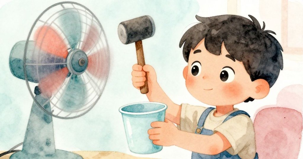 但丁專注地用橡膠木槌輕敲淡藍杯，旁邊風扇旋轉造成模糊效果，表情既認真又略顯不確定。