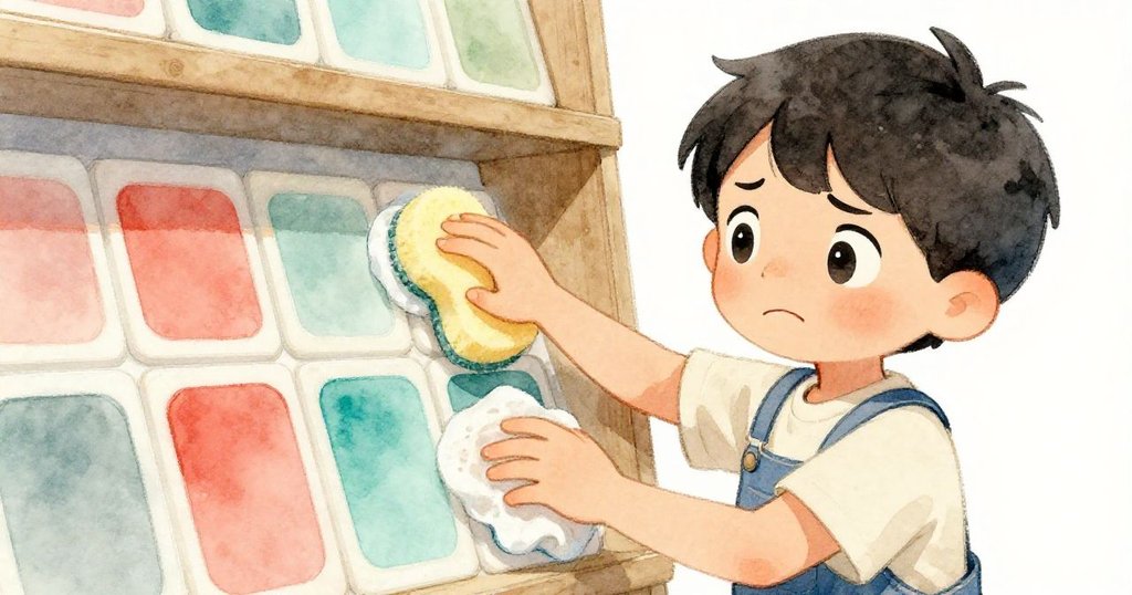 但丁在釉面參考架前用濕海綿輕拭色片，臉上流露出思索與矛盾情緒，環境散發土色與微甜氣息。