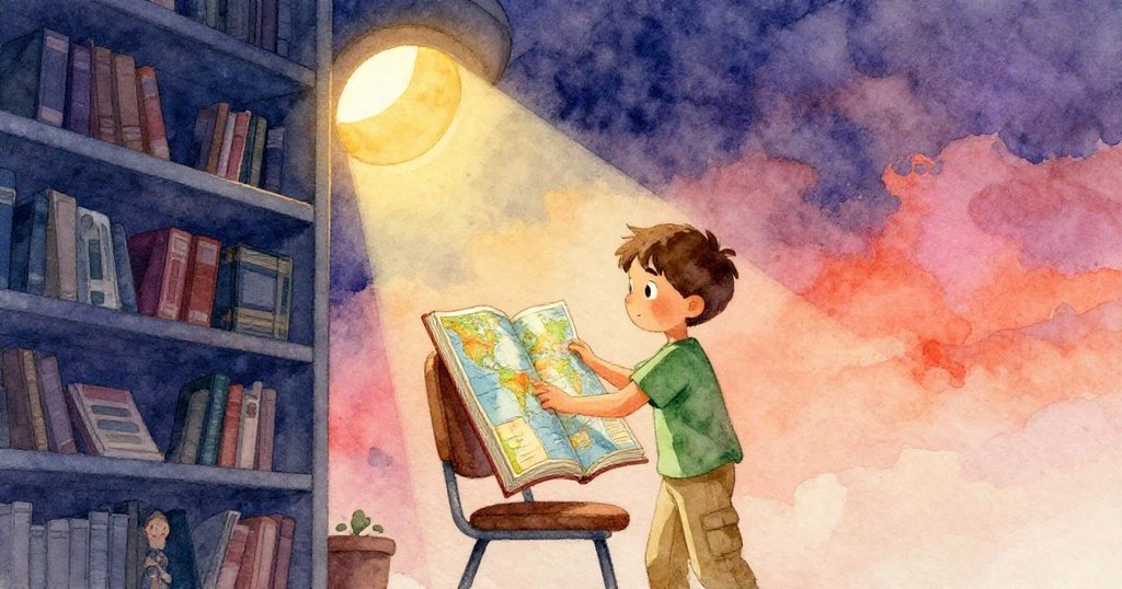 Tatum在圖書館中小心將厚重地圖書滑上椅子,藍灰色書架與夕陽橙、金光交織,表情充滿專注與期待。