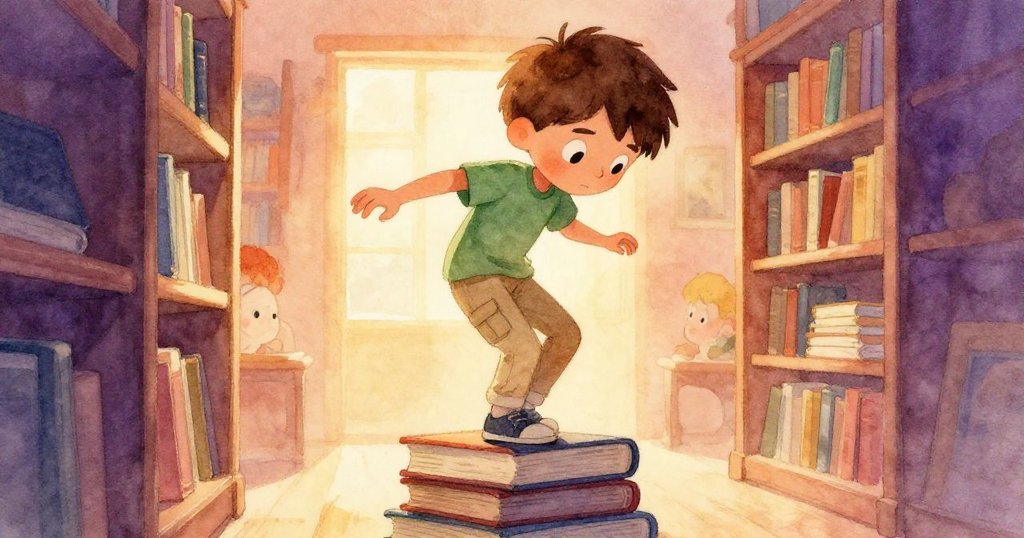 Tatum踮起腳尖努力伸手,專注眼神與堆疊書本呈現堅定決心,背景隱現藍灰書架和溫暖燈光。