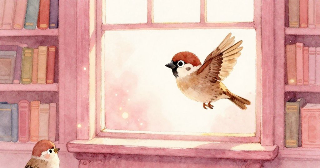 小麻雀在圖書館窗邊因漂浮塵埃驚飛,窗外柔和光線映出塵埃飛舞,動感與詩意交織。