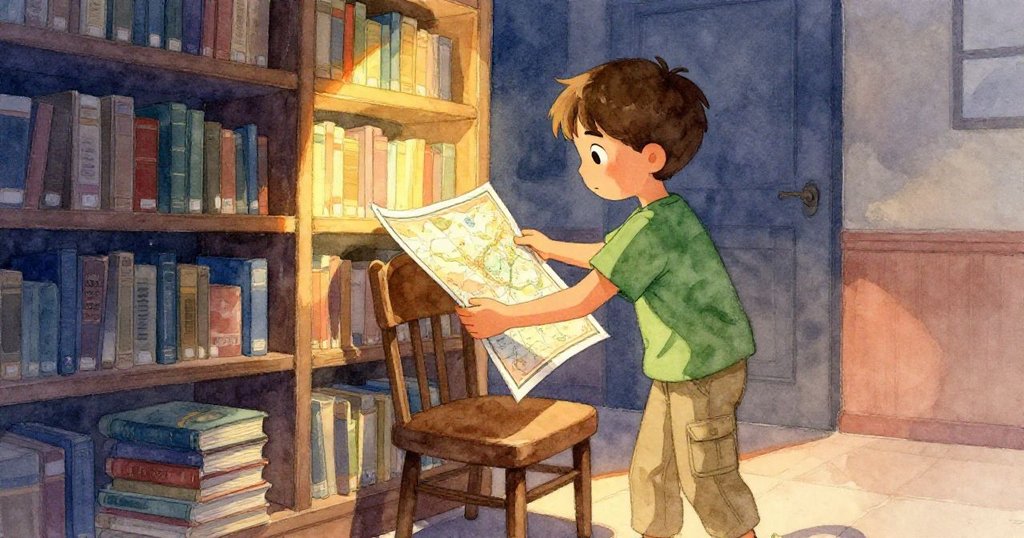 Tatum在閉館前溫暖金光中小心將最後一本地圖書放上椅子,書架與紙張細節細膩,表情堅定成功。