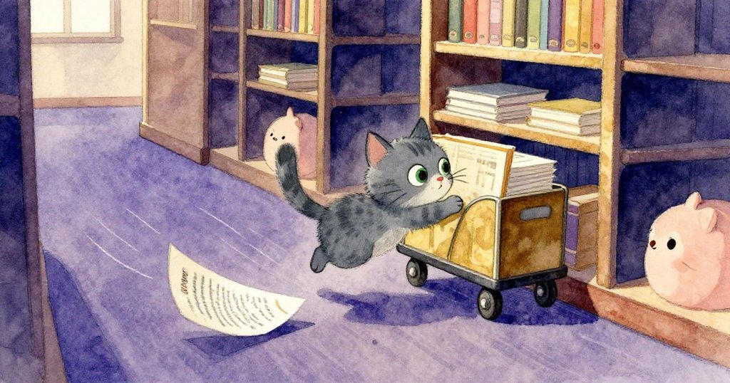 圖書館內灰色貓咪躍起觸碰推車,散落紙張沿地毯飛速滑動,動態軌跡展現急促活力與驚喜瞬間。