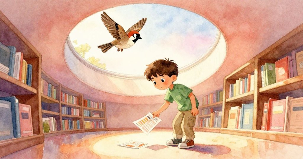 Tatum在天窗旁彎腰拾起散落紙張,麻雀優雅環繞頭頂,柔光映照出圖書館平靜與完成挑戰的圓滿。