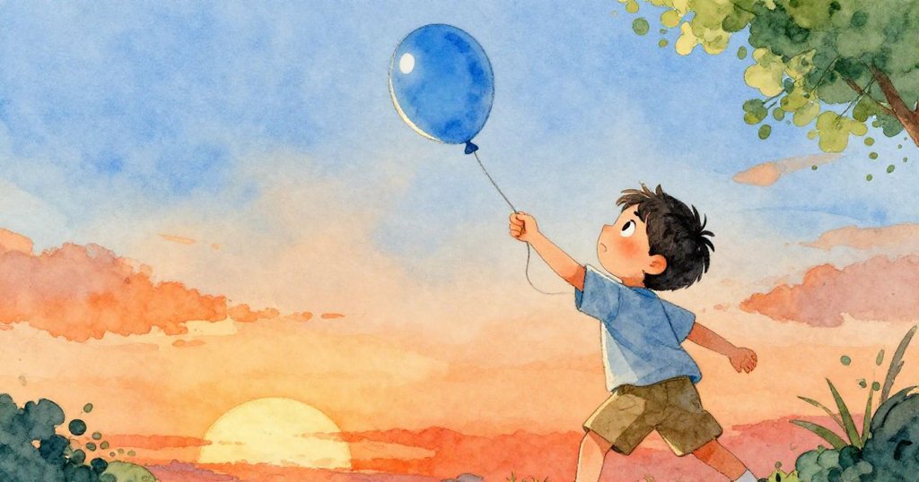 從低角度看,韋德專注用力抽氣,藍色氣球上閃現出小燈光點,充滿期待與動感。