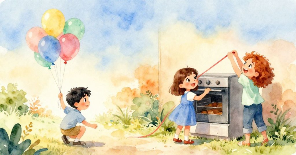 韋德蹲下收集垂落氣球,克拉拉輕笑關上烤箱門,薇拉穩住緞帶,場景溫馨收尾,充滿圓滿感。