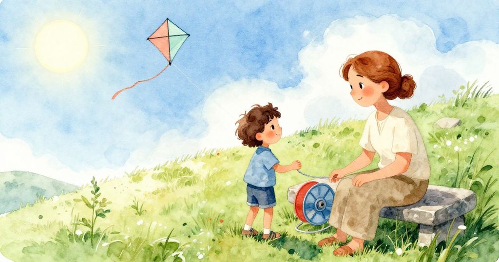 昆恩與姨媽達拉在明亮陽光下的山丘上觀察飛舞風箏,石椅和塑膠捲筒細節清晰,充滿期待與好奇。
