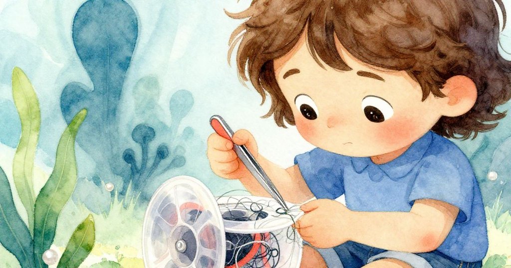 昆恩聚精會神地用鑷子處理纏結的細線,眼神充滿好奇與專注,在溫暖光線中展現細膩的塑膠捲筒紋理。