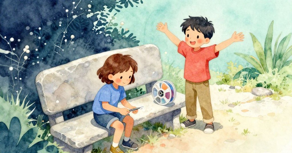 從高角度看見昆恩蹲於石椅專心用鑷子處理纏結線圈,希斯在後面張開雙臂守護,戶外山丘景色豐富。