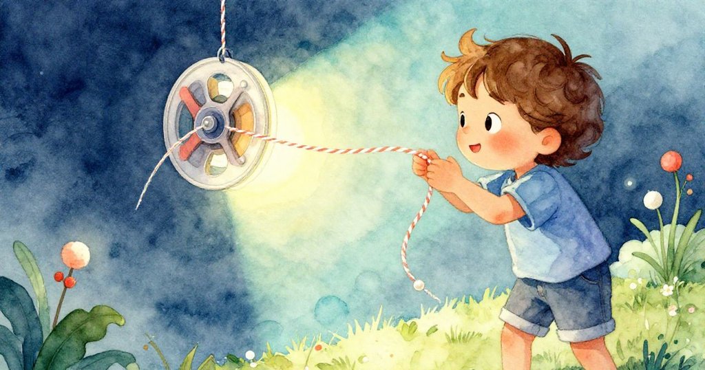 在帶有懷舊色調的場景中,昆恩輕柔拉動塑膠捲筒中扭曲的細線,溫暖光線中線圈逐漸鬆開,充滿思念情懷。