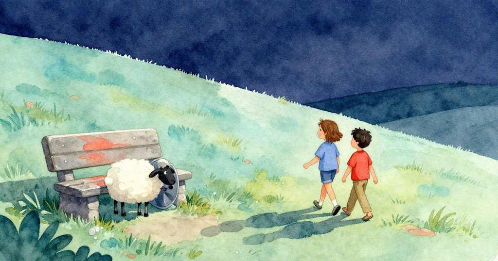 傍晚山丘上,昆恩與希斯沿著長影緩步下山,石椅旁靜靜擺放著線圈,一隻好奇的羊輕觸捲筒,彷彿預示續篇。