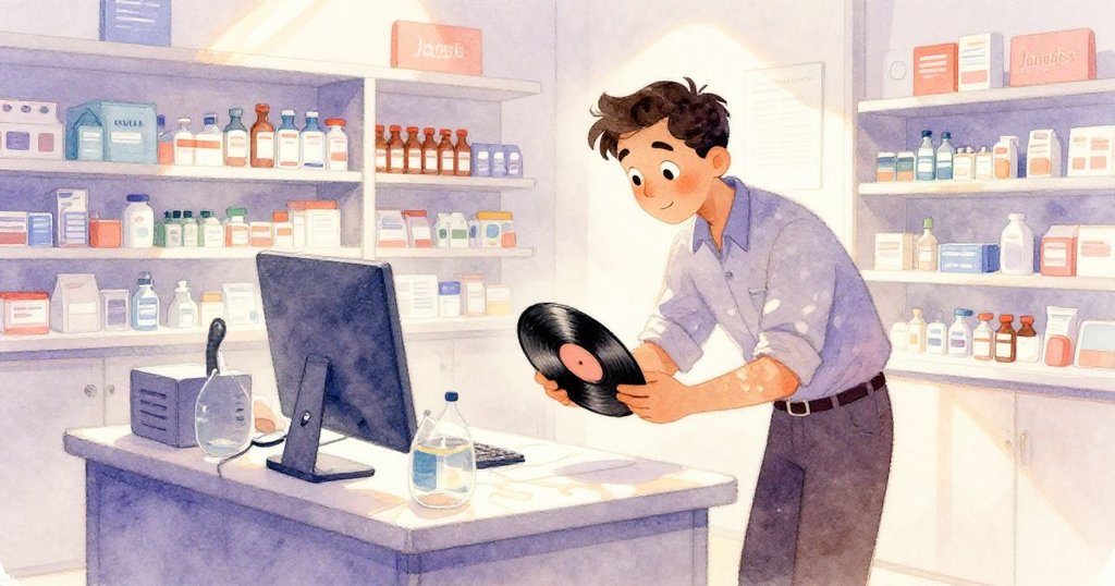 Jarvis在溫暖燈光下於藥局工作桌前忙碌，手握冷冽乙烯基地，背景顯示等待號碼，透露著開始工作時的期待。