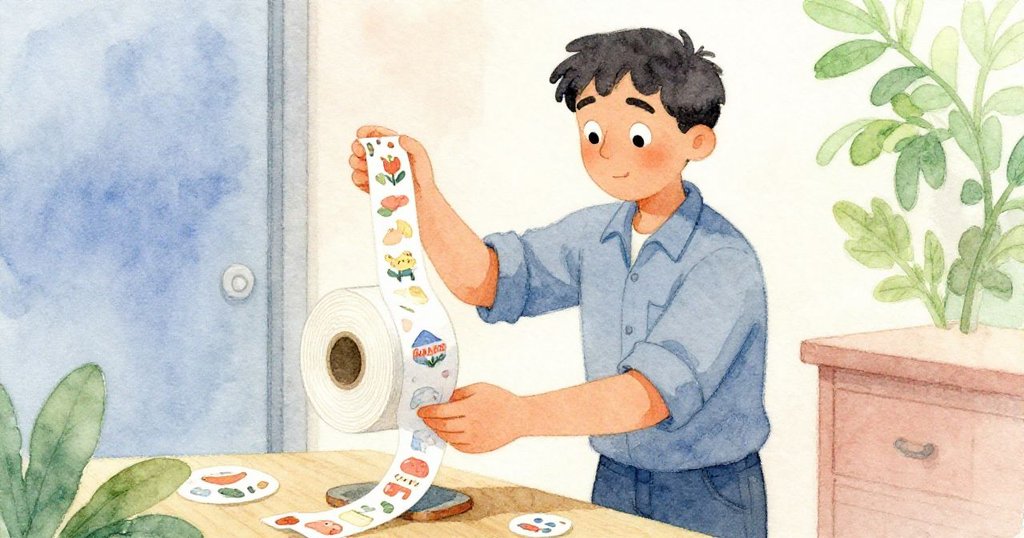 Jarvis在室內柔和光線下仔細處理逆向捲紙，手指觸碰粗糙紙邊與捲起的貼紙，展現出謹慎與專注的工作細節。