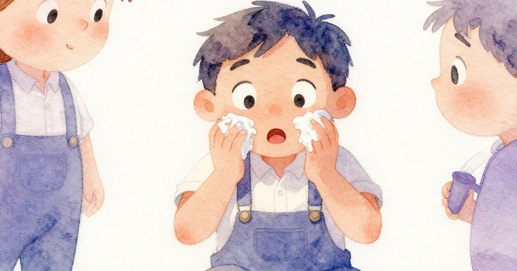 Jarvis露出驚訝神情，近拍捕捉他因膠水黏手而意外的瞬間，臉部與手部細節突顯工作中突發的小插曲。