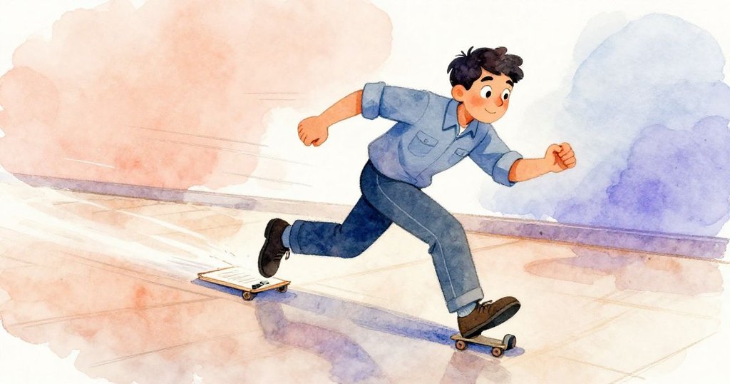 Jarvis迅速伸手追捕在光亮地面上飛舞的文件夾，動態線條突顯出他激烈追逐並展現出充滿活力的工作場景。