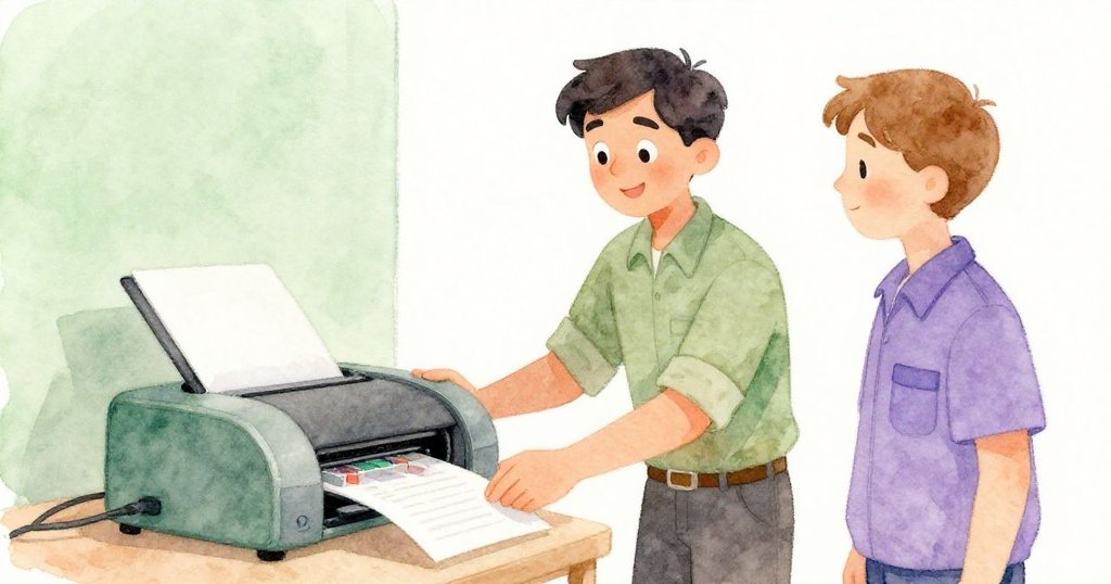 Jarvis與技術員在穩定的標籤機前微笑交流，場景充滿和諧與安心，象徵混亂過後的平靜與合作。