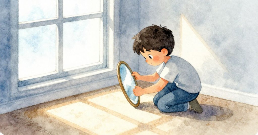 克魯斯在溫暖的房間窗邊俯身調整小鏡子,透過斜角光線和亮麗光斑在地毯上跳動,展現出初始創意與好奇的情感。