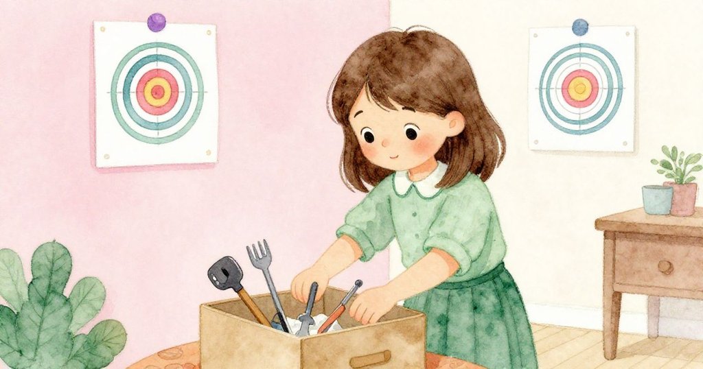 科拉發現牆上目標卡,專注地從工具箱中取出修理工具,準備加入鏡子光路實驗,房內充滿期待與認真的氣氛。