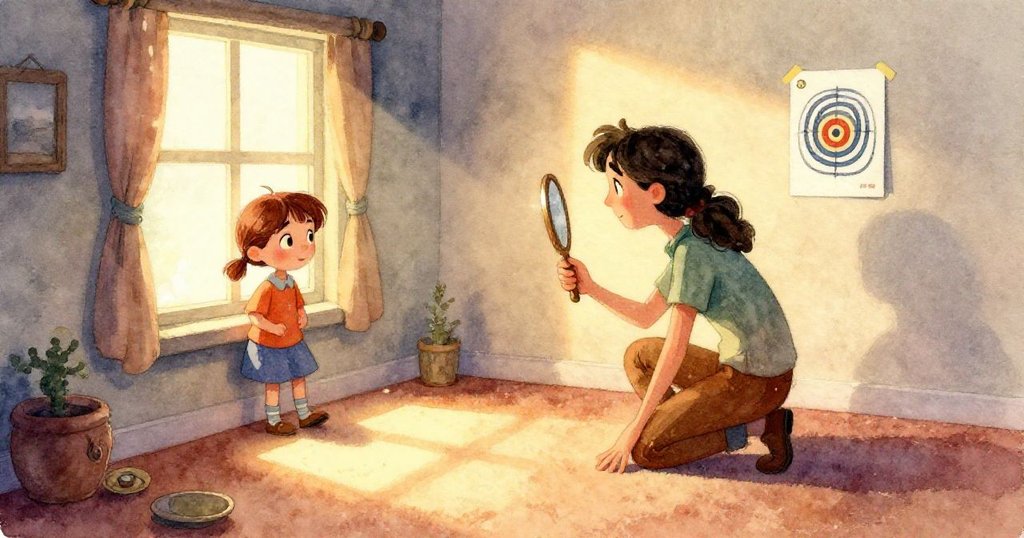 透過大窗戶看見室內鏡子與光束交錯,塵埃在光中跳舞,呈現出充滿魔法般溫馨與奇妙的室內景象。