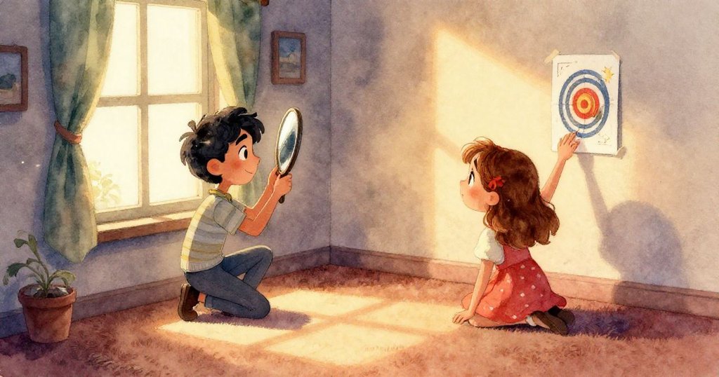 房內鏡子排布出超現實幾何結構,光束從書本和架子間穿梭,展示出家中奇幻且富創意的實驗過程。