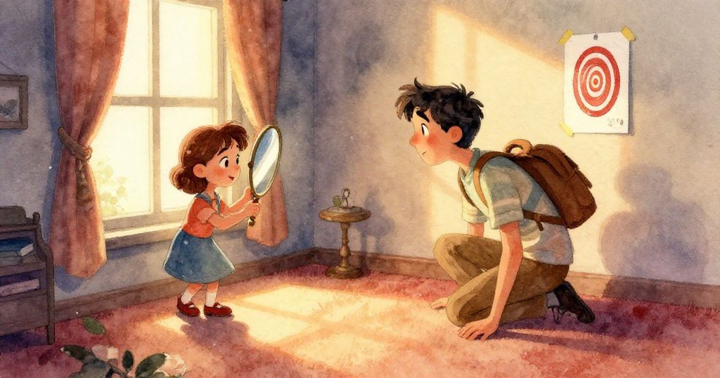 房內整體景象展現光束精準擊中目標卡,塵埃隨光舞動,營造出實驗成功後溫馨平靜的結局氛圍。