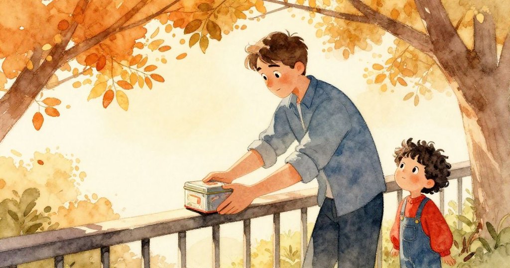 Drake 正在陽光下抬起小錫盒，旁邊好奇小孩注視，背景有樹葉和狐狸圍欄，展現平靜期待的情緒