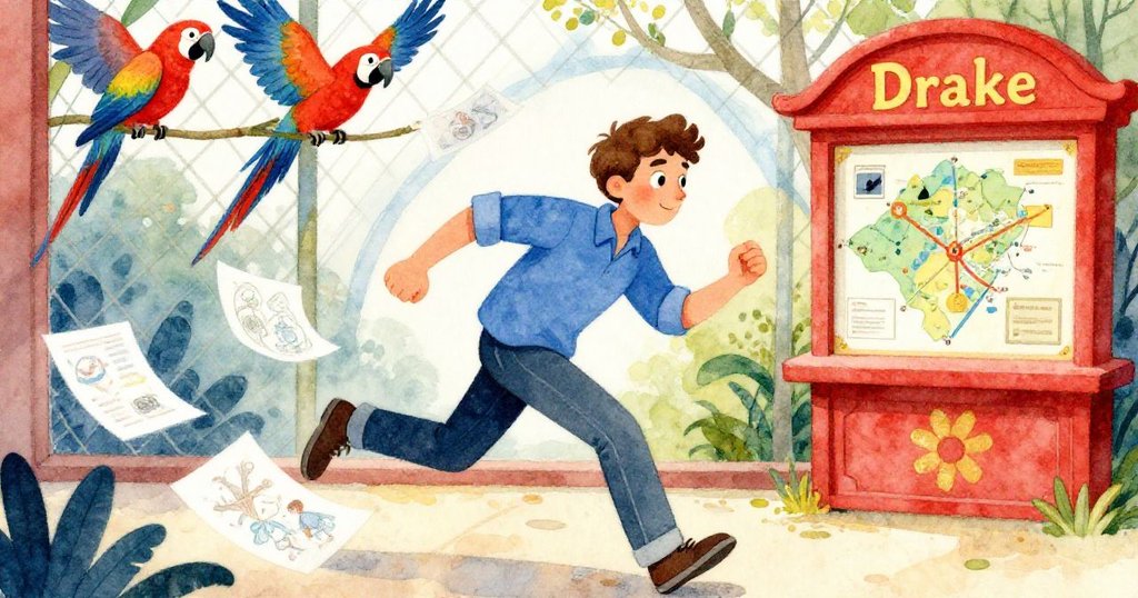 Drake 穿過像窗格的鳥舍網，追逐飛舞素描頁，背景有活潑的巨嘴鳥和地圖亭，情景充滿動感與熱情